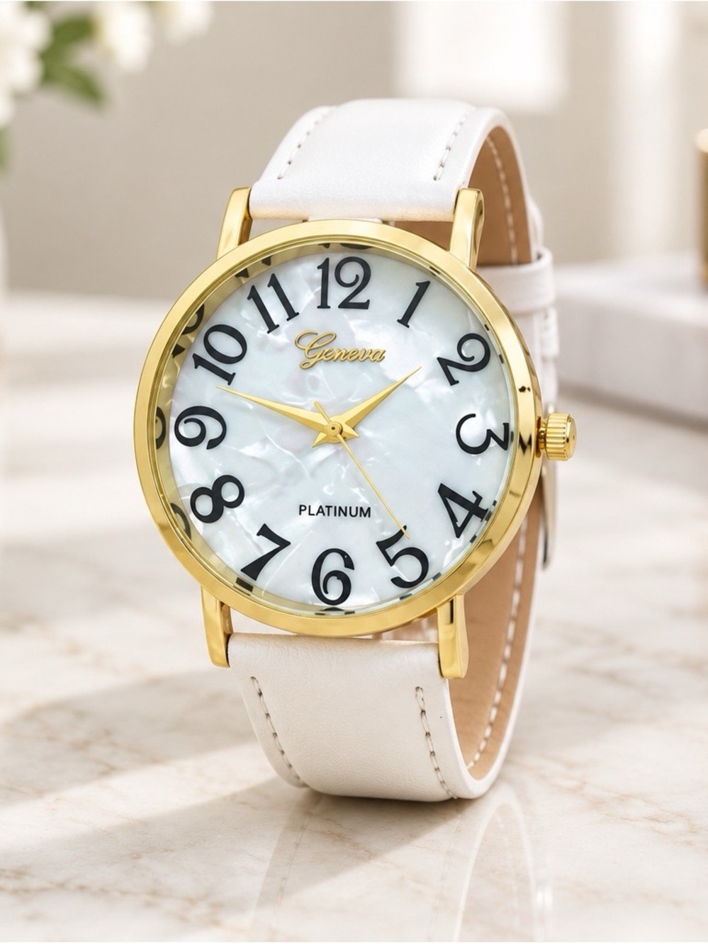 2394-167 Geneva NWT Women’s Quartz Watch White Faux Leather Gold Tone Shell Dial